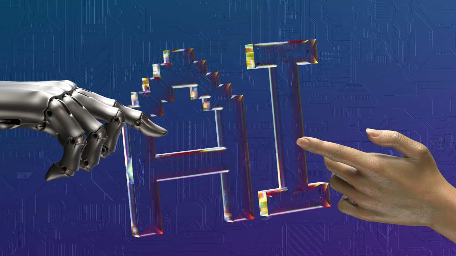 A human’s hand and a robot’s hand reaching towards each other with AI written on the background
