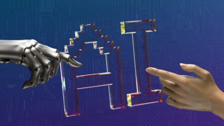AI and Online Gambling A human’s hand and a robot’s hand reaching towards each other with AI written on the background